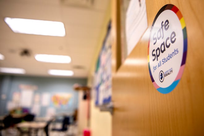 Lindsay Daly teaches social studies at high school at Unity Charter School in Moristown and has participated in a pilot training program on a curriculum that includes LGBTQ.  A sticker on Daley’s classroom door promotes equality for all students.  Shown Tuesday, May 18, 2021 