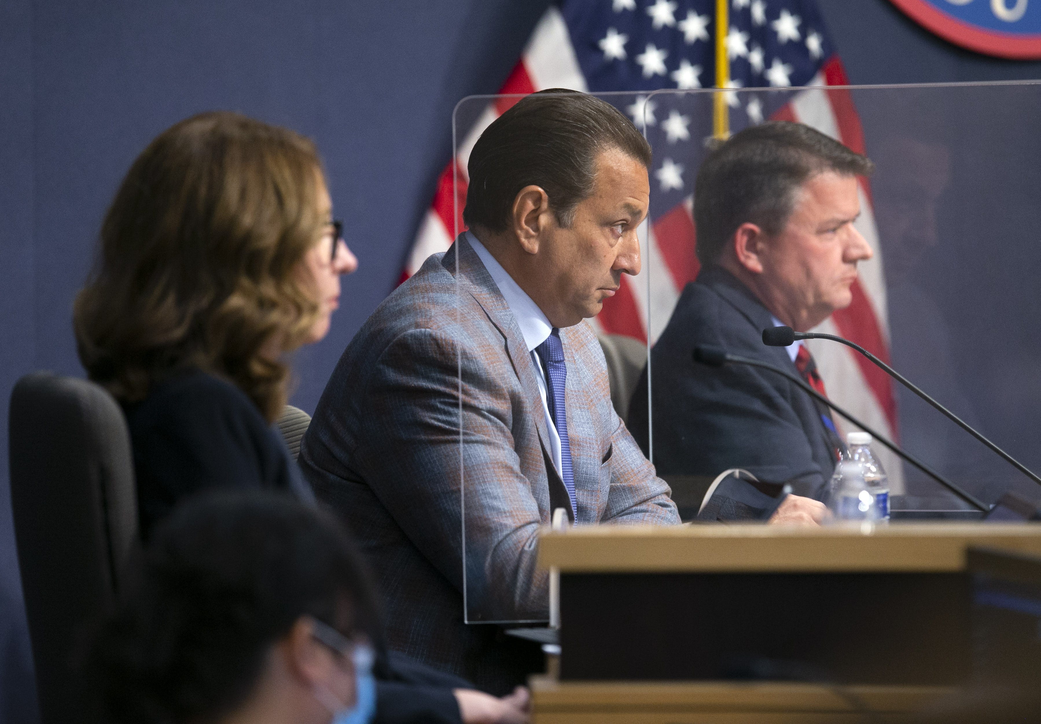 Former Maricopa County Supervisor Steve Chucri, center, listens during a Board of Supervisors meeting about the ballot review on May 17, 2021. He resigned in early November after secretly recorded audio of him speaking poorly of his colleagues was leaked to a website that publishes far-right information.