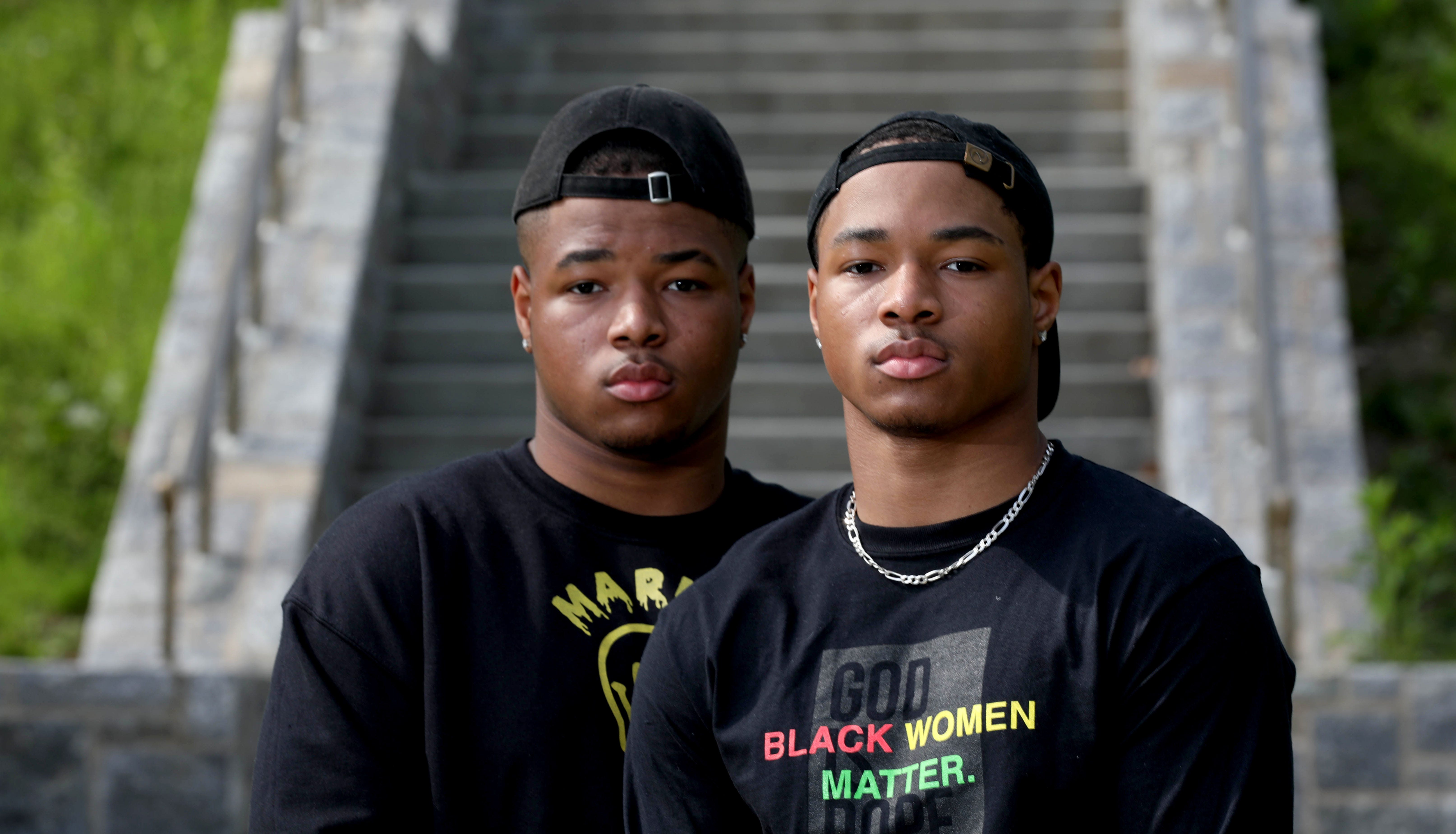 Keon and Klanell Lee, 19, of Yonkers, are both planning on becoming members of the Yonkers Police Department. The twins, photographed April 27, 2021 at Marist College in Poughkeepsie, where they are finishing up their freshman year, said that one of the reasons for them wanting make careers in law enforcement was to help change the culture of policing.