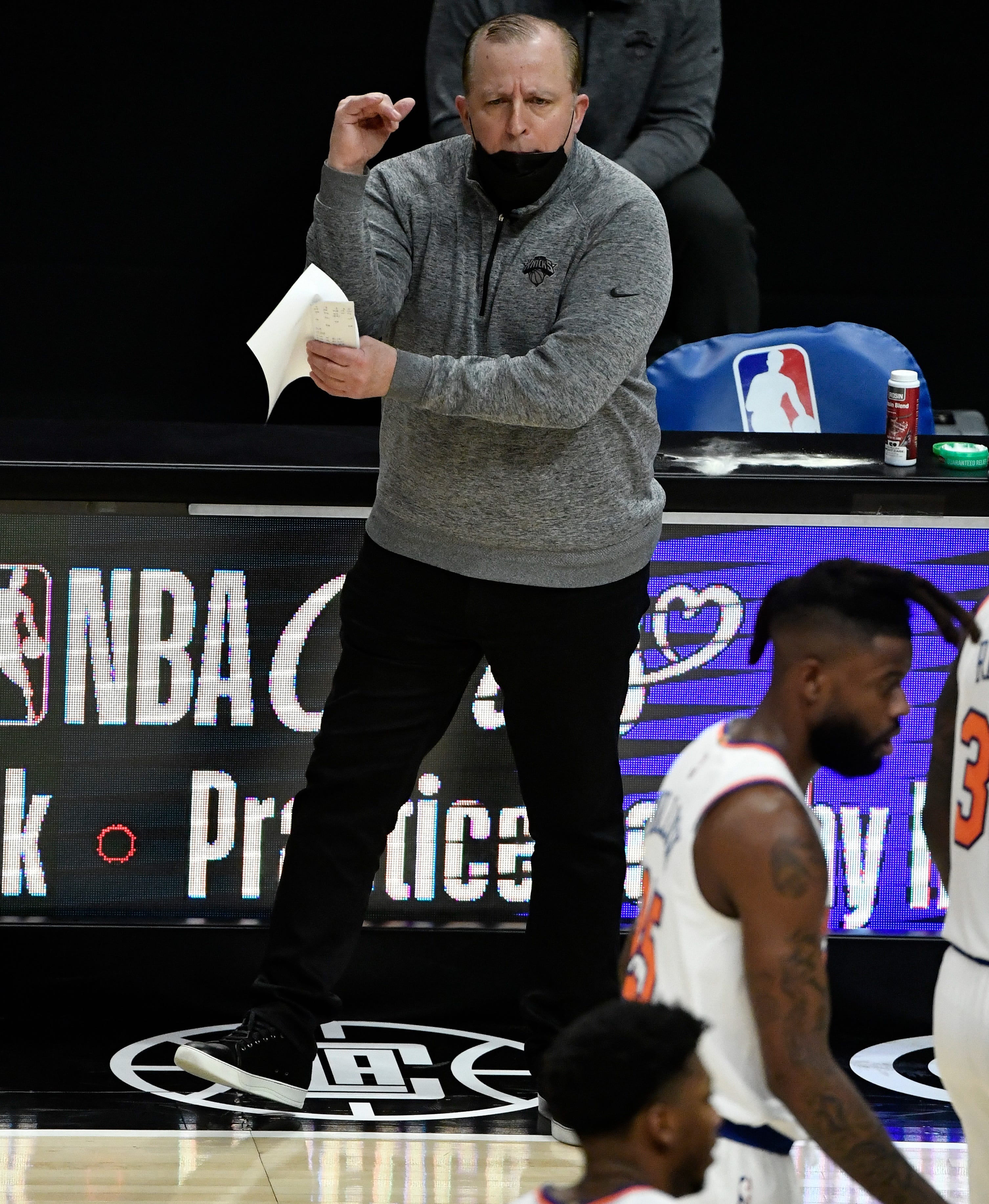 Tom Thibodeau shows his displeasure with referees during the first quarter against the LA Clippers at Staples Center.