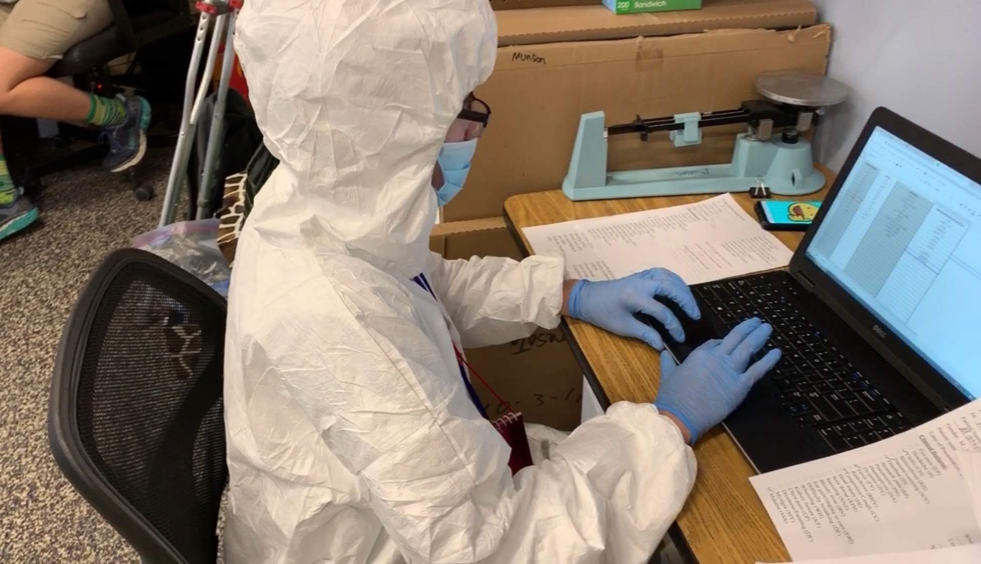 A member of the triage team at Sarasota Military Academy Prep during the March 2019 Operation Outbreak simulation takes a break from “treating patients” to enter in symptoms to be sent to the student epidemiologists.