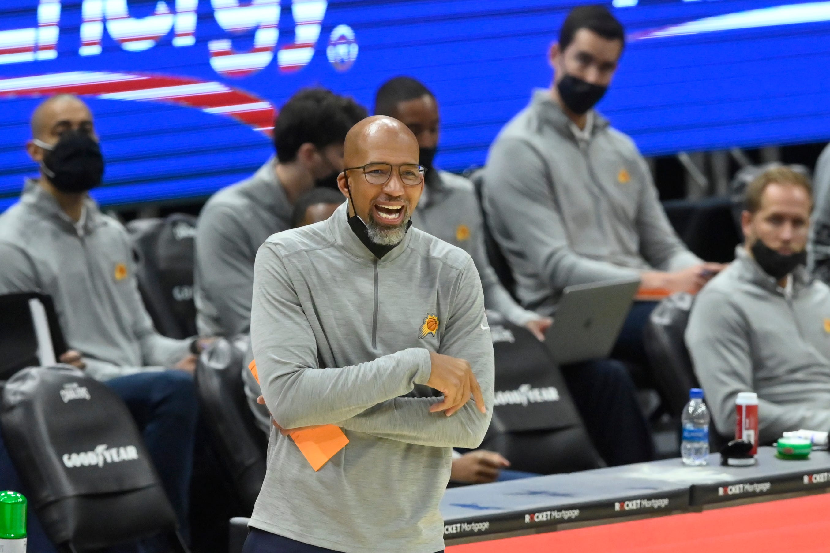Phoenix Suns head coach Monty Williams reacts in the third quarter against the Cleveland Cavaliers at Rocket Mortgage FieldHouse.