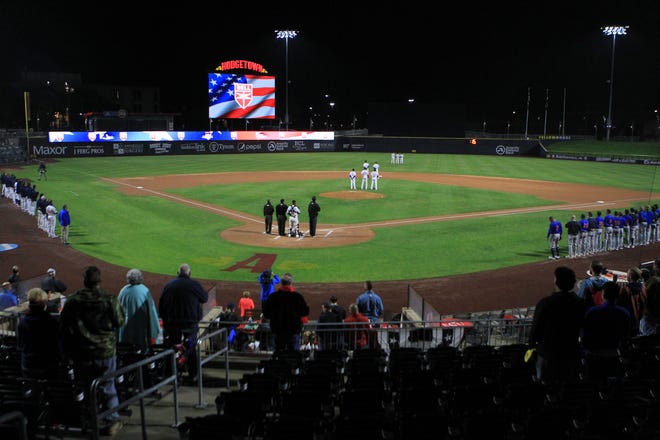 May 18, 2021; Amarillo, Texas, USA;  The Amarillo Sod Poodles and the Midland Rockhounds before the game at HODGETOWN.   Michael C. Johnson /For Globe-News