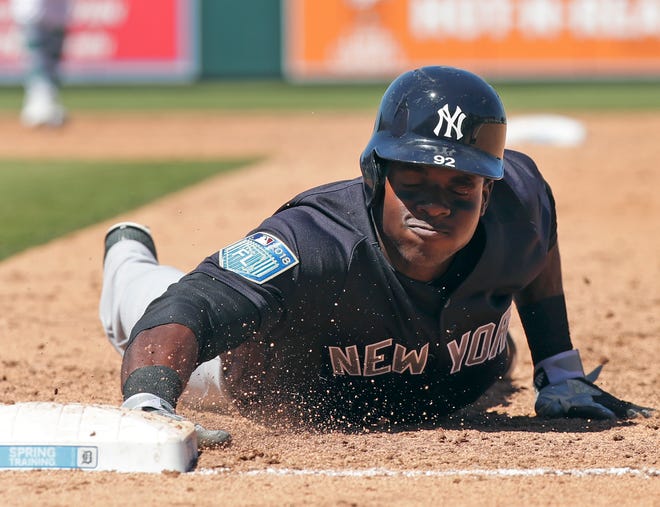 Estevan Florial, shown here in spring training with the Yankees, homered Tuesday night at Frontier Field.