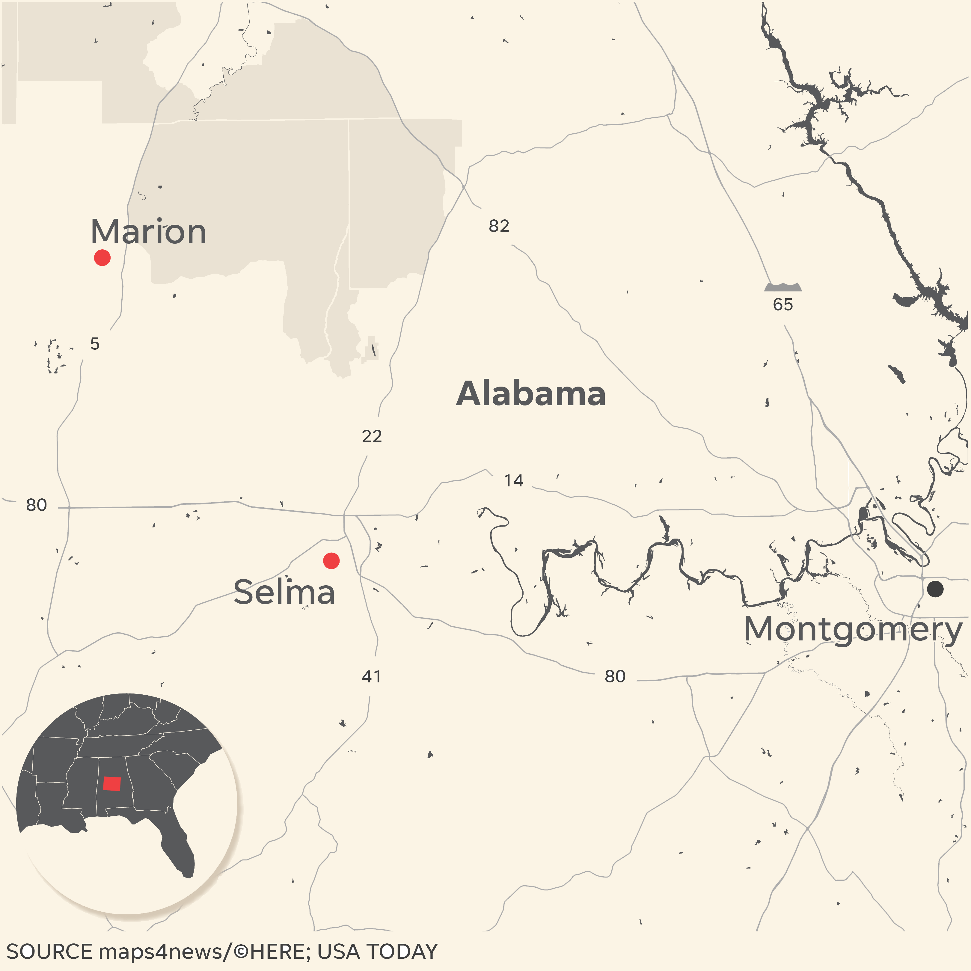 Map of Alabama highlighting Selma and Marion