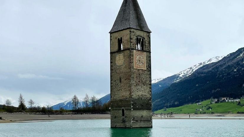 Underwater village of Curon emerges from Lake Resia in Italy Underwater village of Curon emerges from Lake Resia in Italy