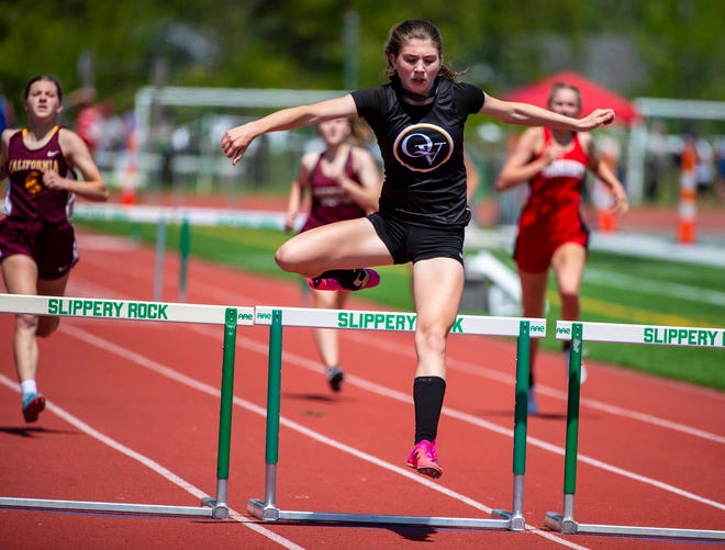 Quaker Valley's Nora Johns wins the 300 hurdles during the WPIAL Class AA track and field championships Wednesday at Slippery Rock University.
