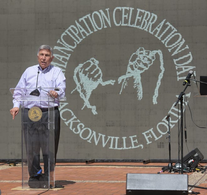 City Council President Tommy Hazouri addresses the audience during a May 21 Emancipation Day celebration in James Weldon Johnson Park.