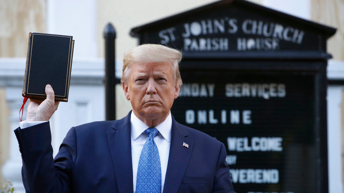 President Donald Trump holds up a Bible outside St. John's Church across Lafayette Park from the White House on June 1, 2020.