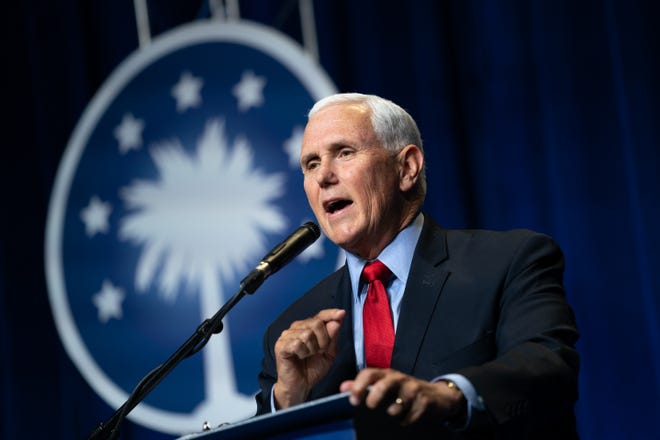 Former Vice President Mike Pence speaks to a crowd during an event sponsored by the Palmetto Family organization on April 29, 2021 in Columbia, South Carolina. The address was his first since the end of his vice presidency.