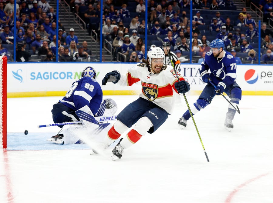 May 20: Florida Panthers left wing Ryan Lomberg celebrates after scoring the game-winning goal in overtime in Game 3 of the first-round series against the Tampa Bay Lightning.
