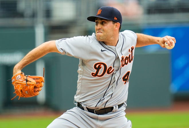 Detroit Tigers starting pitcher Matthew Boyd (48) pitches Saturday, May 22, 2021, against the Kansas City Royals during the first inning at Kauffman Stadium in Missouri.
