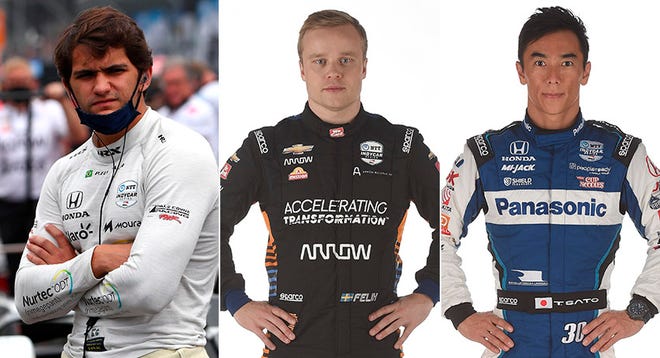 Pietro Fittipaldi (from left), Felix Rosenqvist and Takuma Sato, Row 5 for the 2021 Indianapolis 500.