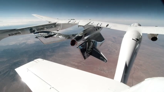 Virgin Galactic's VSS Unity releases from VMS Eve and then ignites into space over Spaceport America, New Mexico, on Saturday, May 22, 2021.