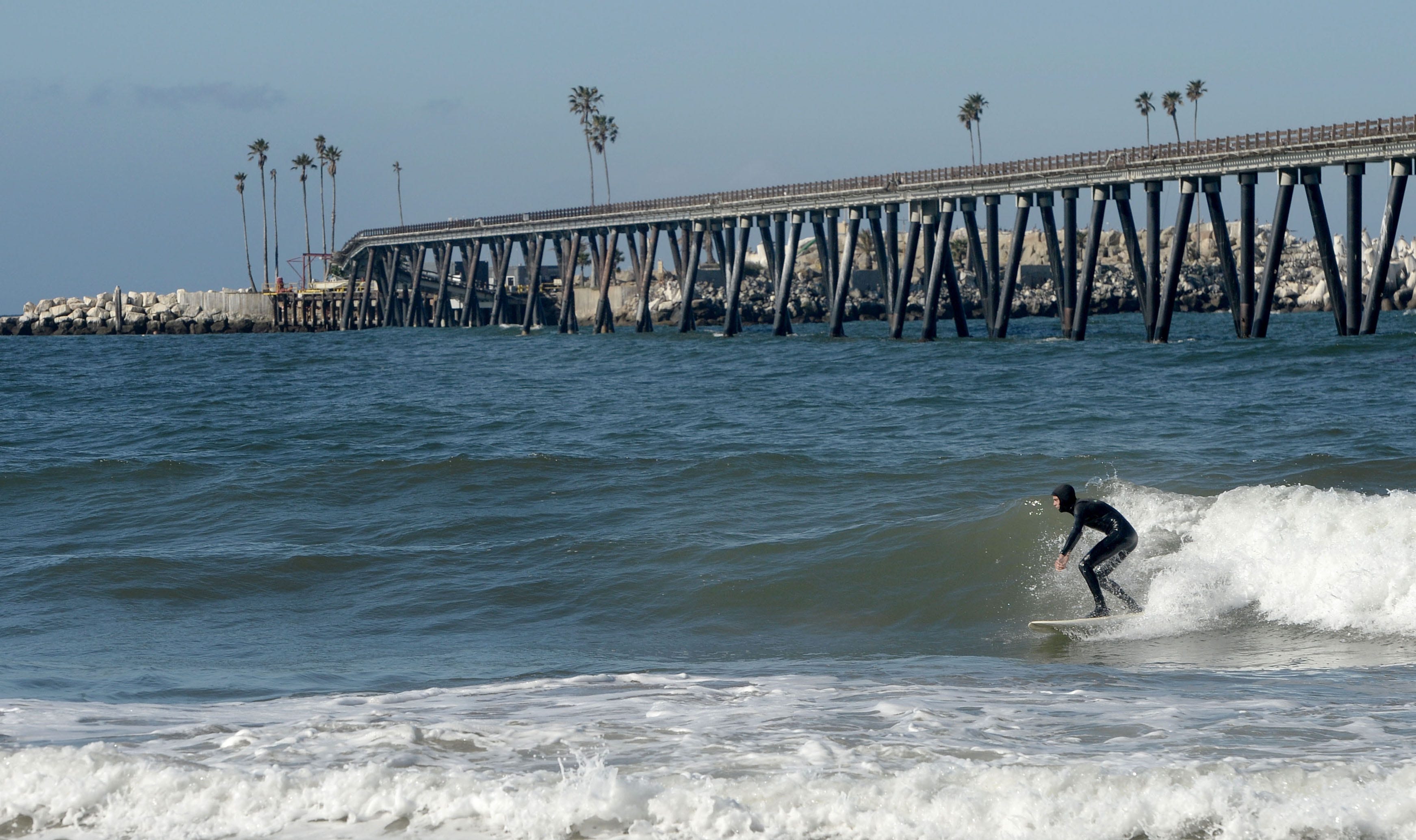 A surfer catches a wave near Rincon Island, just off the coast of Mussel Shoals. The state of California paid tens of millions of dollars to plug and abandon the island's oil wells after the operator, Rincon Island Limited Partnership, filed for bankruptcy protection.