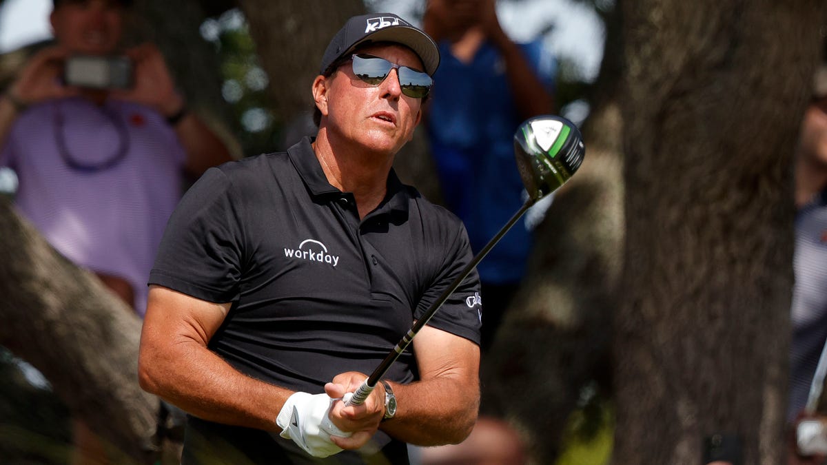 Phil Mickelson hits from the seventh tee box during the third round of the PGA Championship.