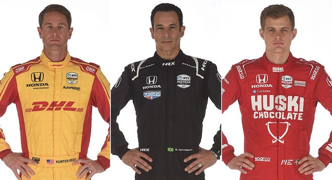 Ryan Hunter-Reay (from left), Helio Castroneves and Marcus Ericsson, Row 3 for the 2021 Indianapolis 500.