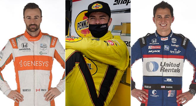 James Hinchcliffe (from left), Scott McLaughlin and Graham Rahal, Row 6 for the 2021 Indianapolis 500.