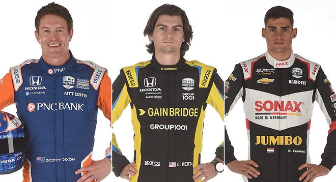 Scott Dixon (from left), Colton Herta and Rinus VeeKay, Row 1 for the 2021 Indianapolis 500.