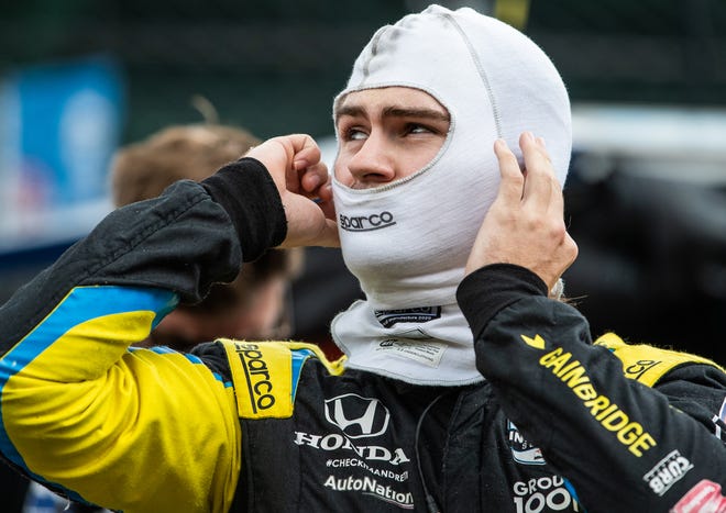 Andretti Autosport with Curb-Agajanian driver Colton Herta (26) puts on his gear Saturday, May 22, 2021, before Fast Nine qualifying for the 105th running of the Indianapolis 500 at Indianapolis Motor Speedway. 