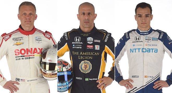 Ed Carpenter (from left), Tony Kanaan and Alex Palou, Row 2 for the 2021 Indianapolis 500.