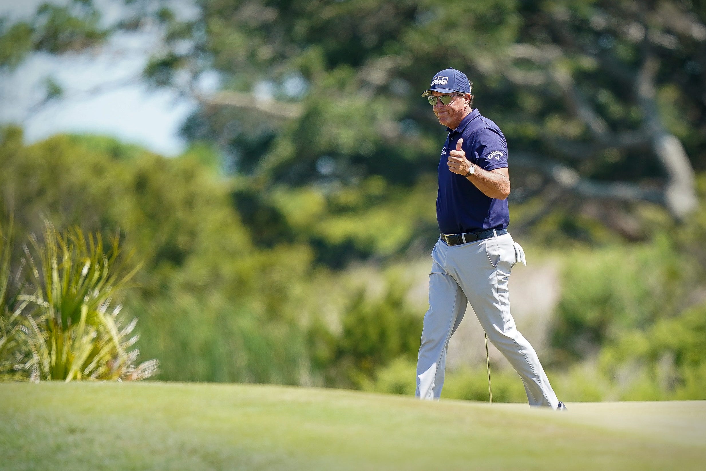 Phil Mickelson gives a thumbs up from the 2nd hole during the final round of the PGA Championship.