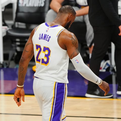 Los Angeles Lakers forward LeBron James reacts as 