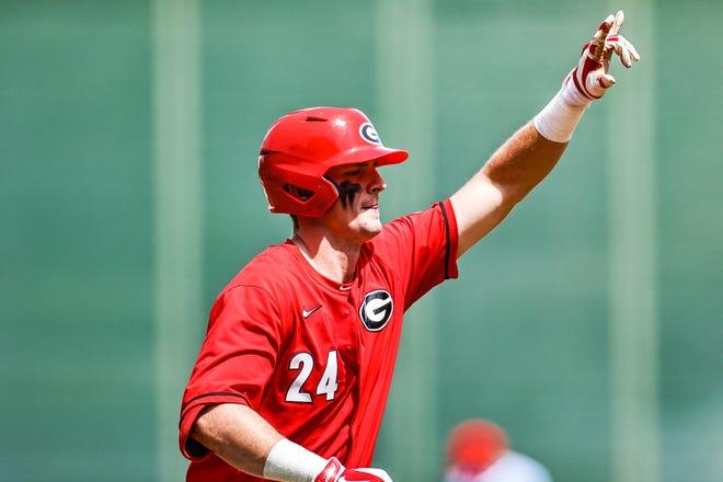 Georgia infielder Garrett Blaylock (24) during a game against Ole Miss at Foley Field in Athens, Ga., on Saturday, May 22, 2021. (Photo by Tony Walsh)