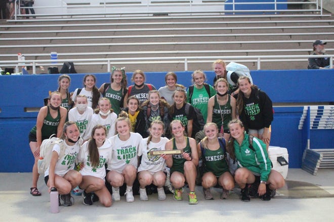 The Geneseo High School Girls’ Track Team won the Western Big 6 Conference Meet hosted by Quincy High School. Team members are, in front from left, Ali Rapps, Hannah Rakestraw, Evie Wilson, Avery Magerkurth, Esther Brown, Addison Pischke, Taylor Kruger; in the middle, Lacy Laxton, Joselyn Reisner, Savannah Reisner, Anna Snyder, Jessalyn Belvel, Alexa Jolly, Ella Toom, Sierra Kruger; in the back row, Jaide Flowers, Phoebe Shoemaker, Annie Wirth, Drayana DeBoef, Brooke Boone, Annie Turpin and Alison Bowers