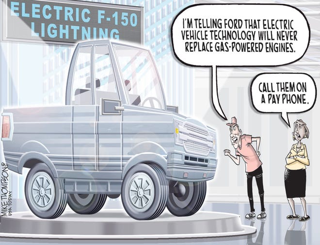 A Mike Thompson cartoon about electric vehicles