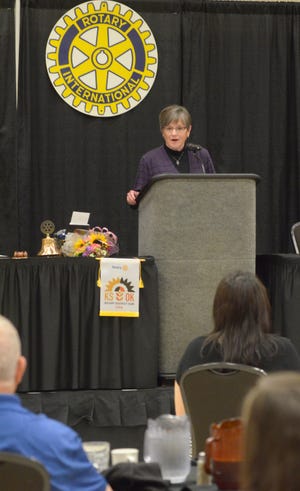 Governor Laura Kelly reminisces about the time she lived in Salina in the mid 1980s during the Salina Rotary luncheon at the Great Plains Manufacturing Convention Hall in the Tony’s Pizza Events Center on Monday afternoon.