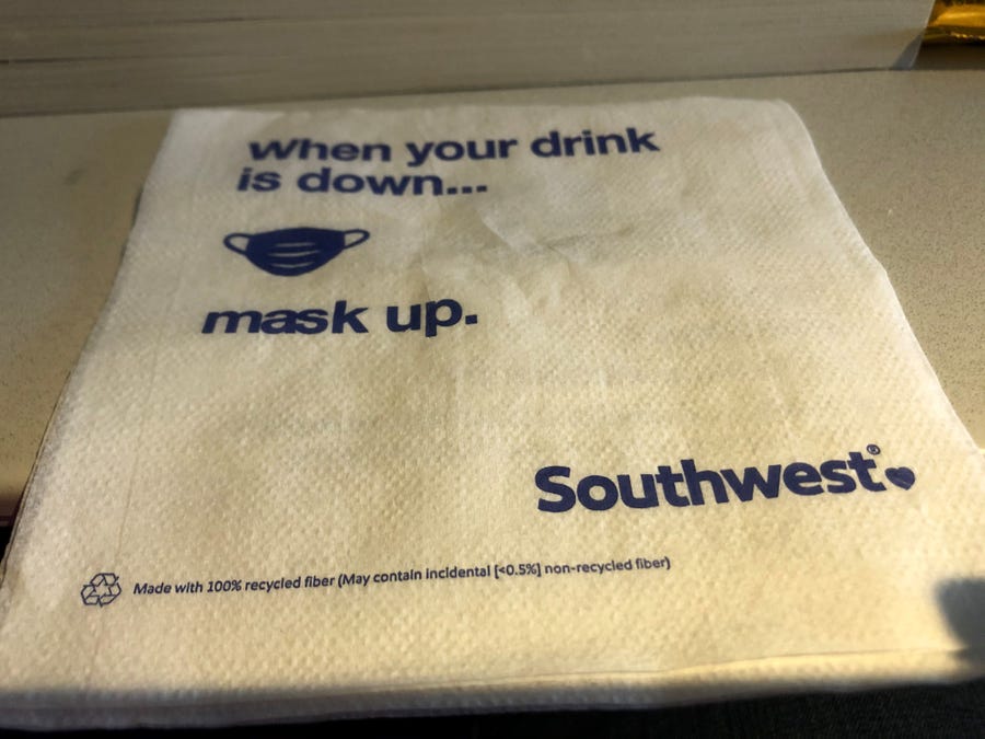 Southwest Airlines and other airlines repeatedly remind passengers to keep their masks on during the flight except when briefly eating or drinking.