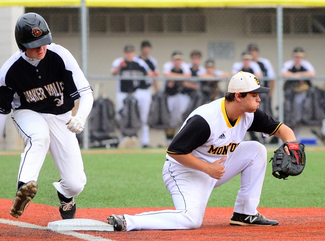 Quaker Valley's Thomas Floro is out at first as Montour first baseman [Lucy Schaly/For BCT]