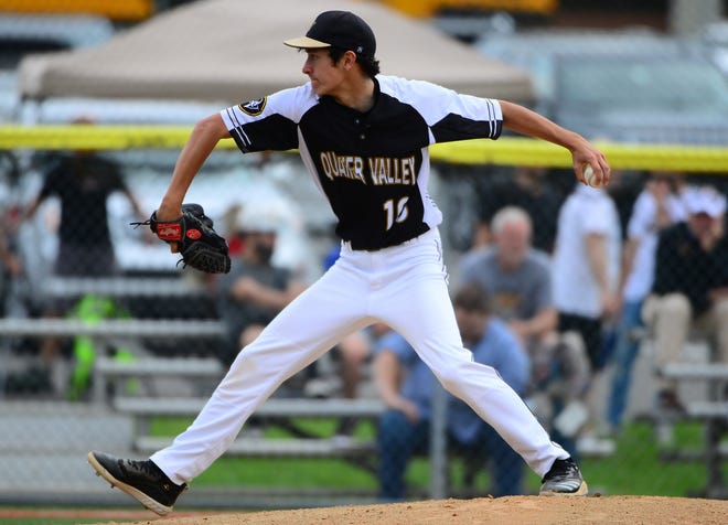 Quaker Valley starting pitcher Adam Tanabe throws against Montour in the first inning at Fox Chapel High School. [Lucy Schaly/For BCT]