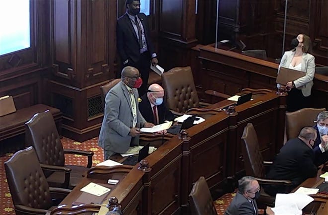 State Sen. Christopher Belt, D-Swansea, speaks on the Senate floor Tuesday, May 25, 2021, in favor of his bill to require all shelters that provide temporary housing assistance to women and youth to make available products such as sanitary napkins, tampons and panty liners, provided there is money in the budget to do so.