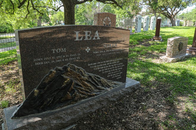 A tombstone sits on the burial site of artist, war correspondent, novelist and historian Tom Lea at the Texas State Cemetery on May 25, 2021.