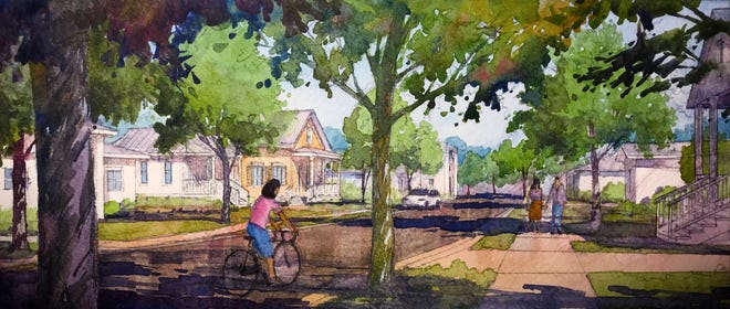 An artist's rendering shows how D Street in the Northwest neighborhood of Lake Wales could look after a revitalization plan is carried out. The plan suggests curving the street's edges to create tree-planting pockets.