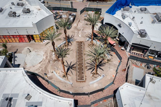 New tropical landscaping and botanical structures are being built at Downtown Palm Beach Gardens on May 27, 2021 in Palm Beach Gardens, Florida.