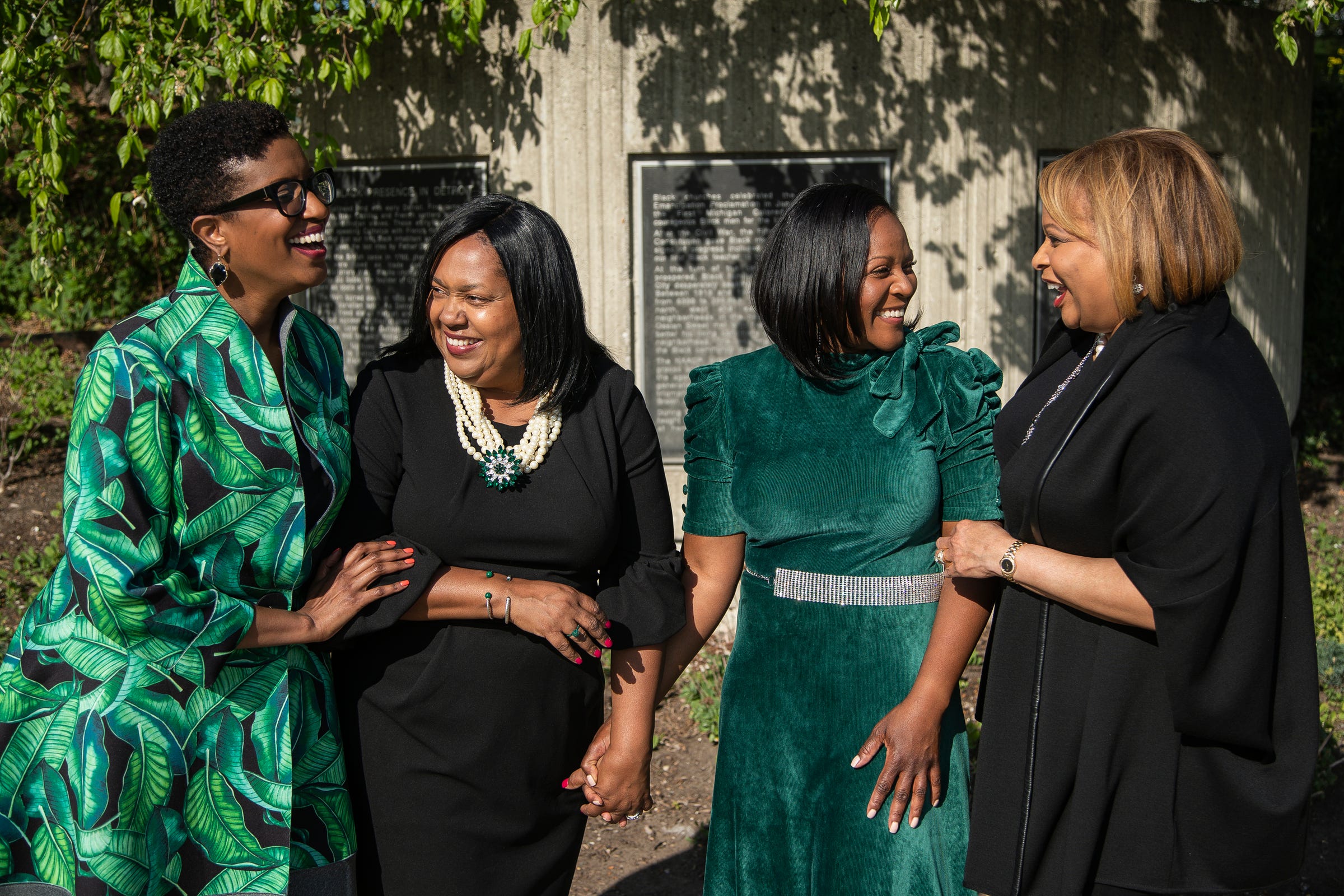 From left, The Links presidents Nutrena Tate of Great Lakes Chapter, Denise Brooks-Williams of Detroit Chapter, Linda Little of Renaissance Chapter and Therese Peace Agboh of Greater Wayne County in front of the the Black Presence in Detroit historical marker in Detroit on May 13, 2021.