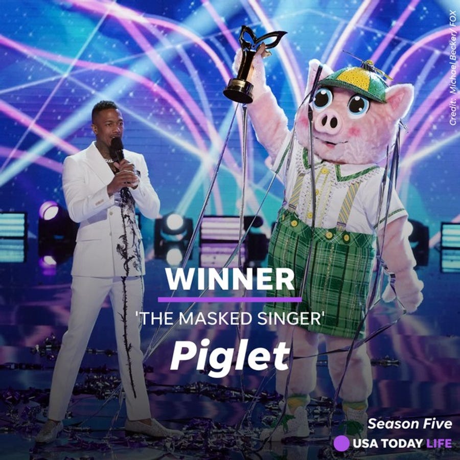 Host Nick Cannon, left, stands next to Piglet, who won Season 5 of FOX's 'The Masked Singer.'