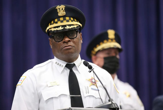 Chicago police Superintendent David Brown speaks to media during a news conference at police headquarters, Wednesday, May 26, 2021, on the police department's new draft of a foot pursuit policy.