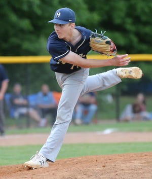 Archbishop Hoban pitcher Noah LaFine, shown in a tournament game last season, has been a consistently strong performer for the defending Division II state champion Knights.  [Phil Masturzo/ Beacon Journal]