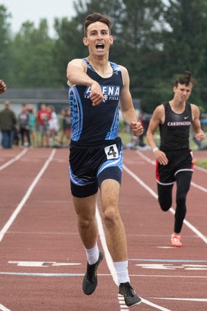 Adena’s Tate Myers celebrates after winning the boys 400-meter dash during the Division III Regional track and field final tournament on Friday, May 28, 2021, in Chillicothe, Ohio, to qualify for state.