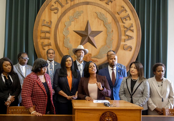 State Rep. Nicole Collier, D- Fort Worth, the chair of the Legislative Black Caucus, speaks at a news conference at the Capitol on May 30 against Senate Bill 7.