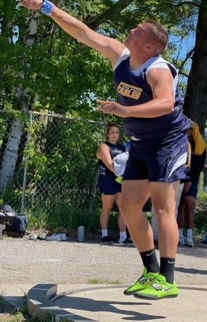 Erie Mason’s Taylor Bates won the shot-put at the Michigan Interscholastic Track Coaches’ Association Division 3 Team State Meet Saturday with a school-record throw of 58-0.