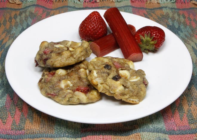 White Chocolate Strawberry Rhubarb Cookies pairs up "best friends forever" rhubarb and strawberry, and introduces them to a new buddy, white chocolate. (Janice Rickert / Herald-Times)