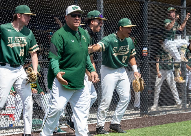 St. Joseph players celebrate as their teammates score in the first inning against. Don Bosco in the Bergen County baseball tournament championship in Wood-Ridge on May 31, 2021.