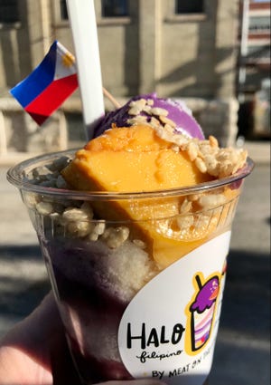 Halo halo, a cold Filipino treat from Meat on the Street, includes ingredients such as flan and ube ice cream, made from purple sweet potato.