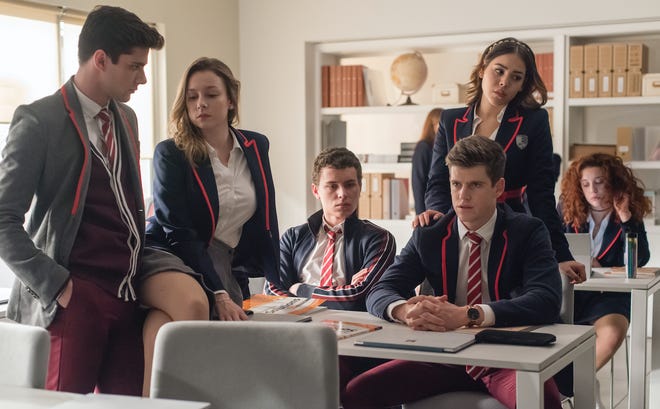 Alvaro Rico, Ester Exposito, Aron Piper, Miguel Bernardeau, Danna Paola and Maria Pedraza in "Elite," a sexy Spanish-language teen drama.