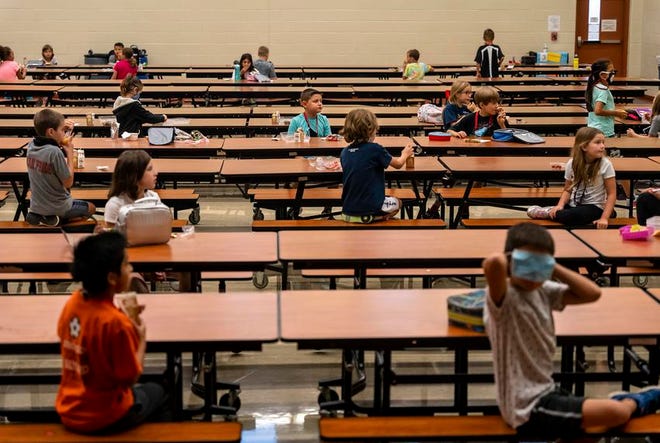 Students are socially distanced in the lunchroom at Jacob’s Well Elementary School in Wimberley.